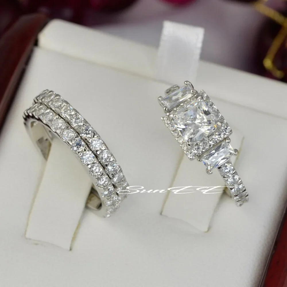 NEW 925 STERLING SILVER HALO PRINCESS DIAMOND CUT WEDDING RINGS ENGAGEMENT RINGS - Picture 2 of 5